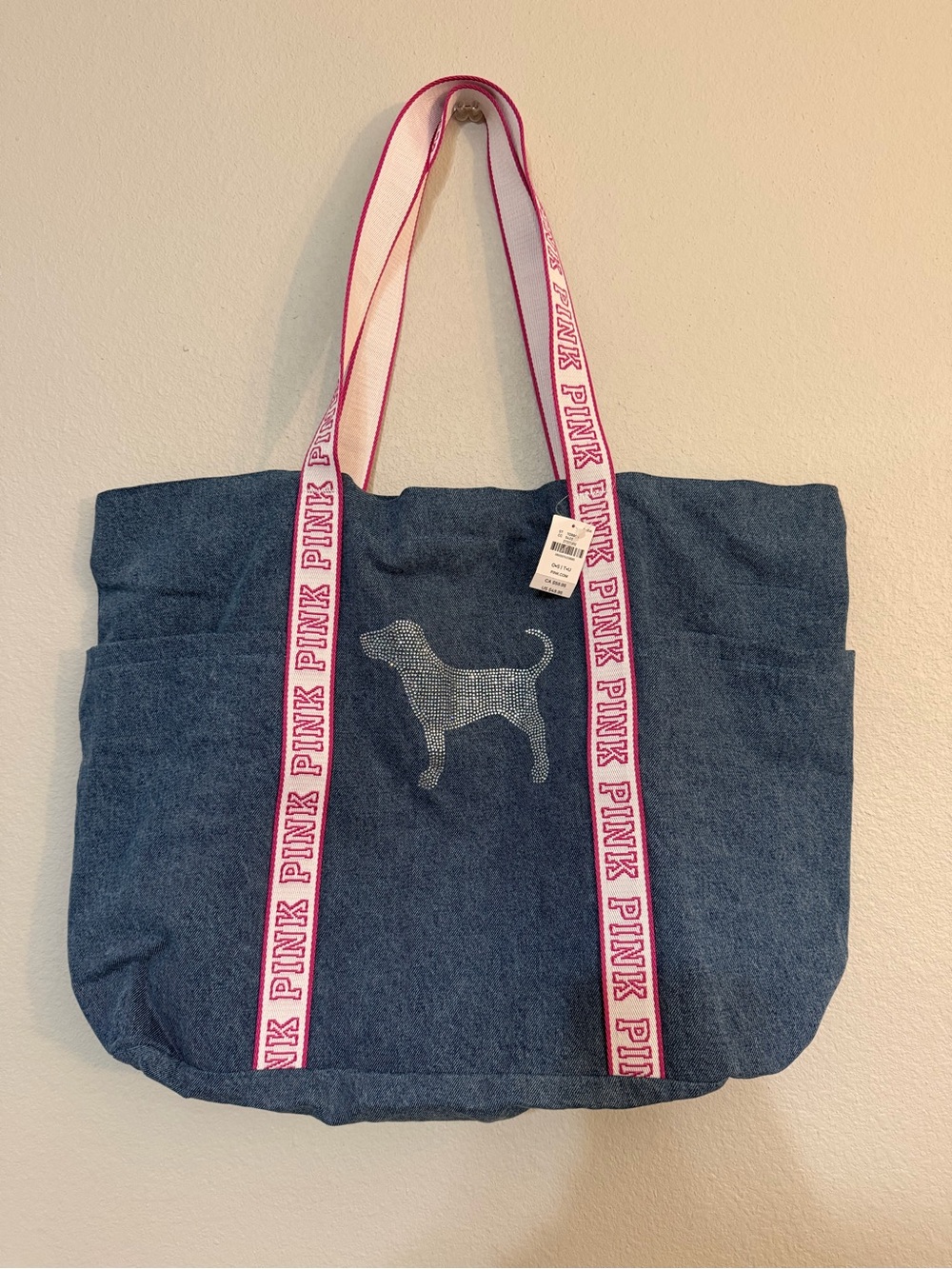 PINK Victoria's Secret Blue Denim Tote with Pink Logo Straps